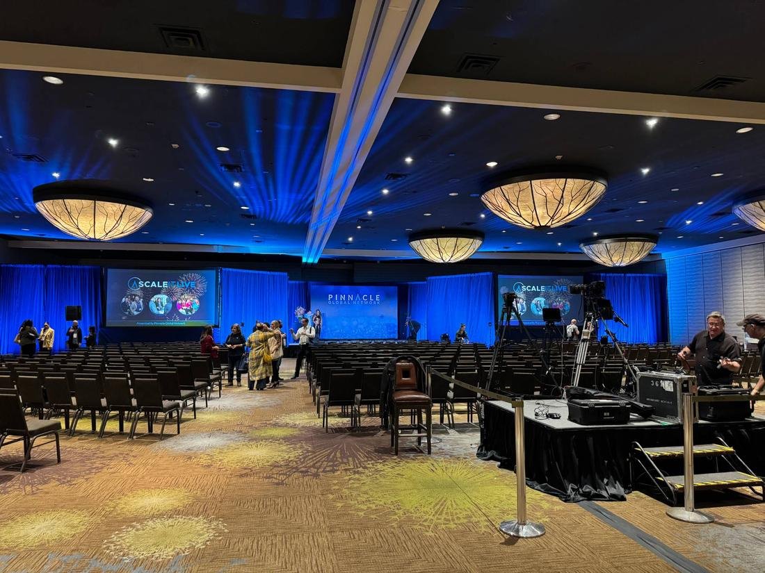 Ballroom washed in blue light
