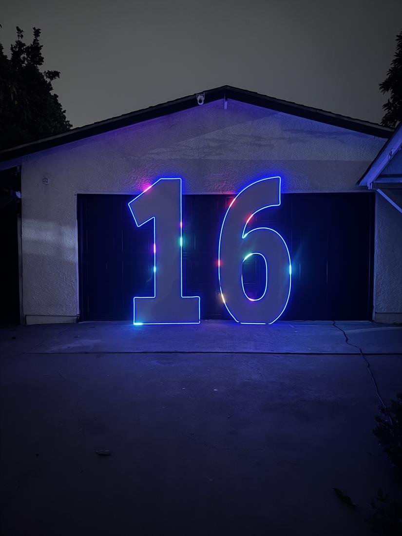 Marquee number 16 in blue LED with color chasing pixels